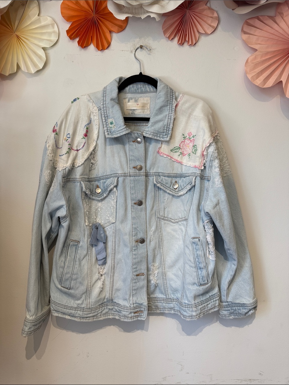 LOVESHACK fancy bespoke up cycled denim jacket large (no size on jacket)